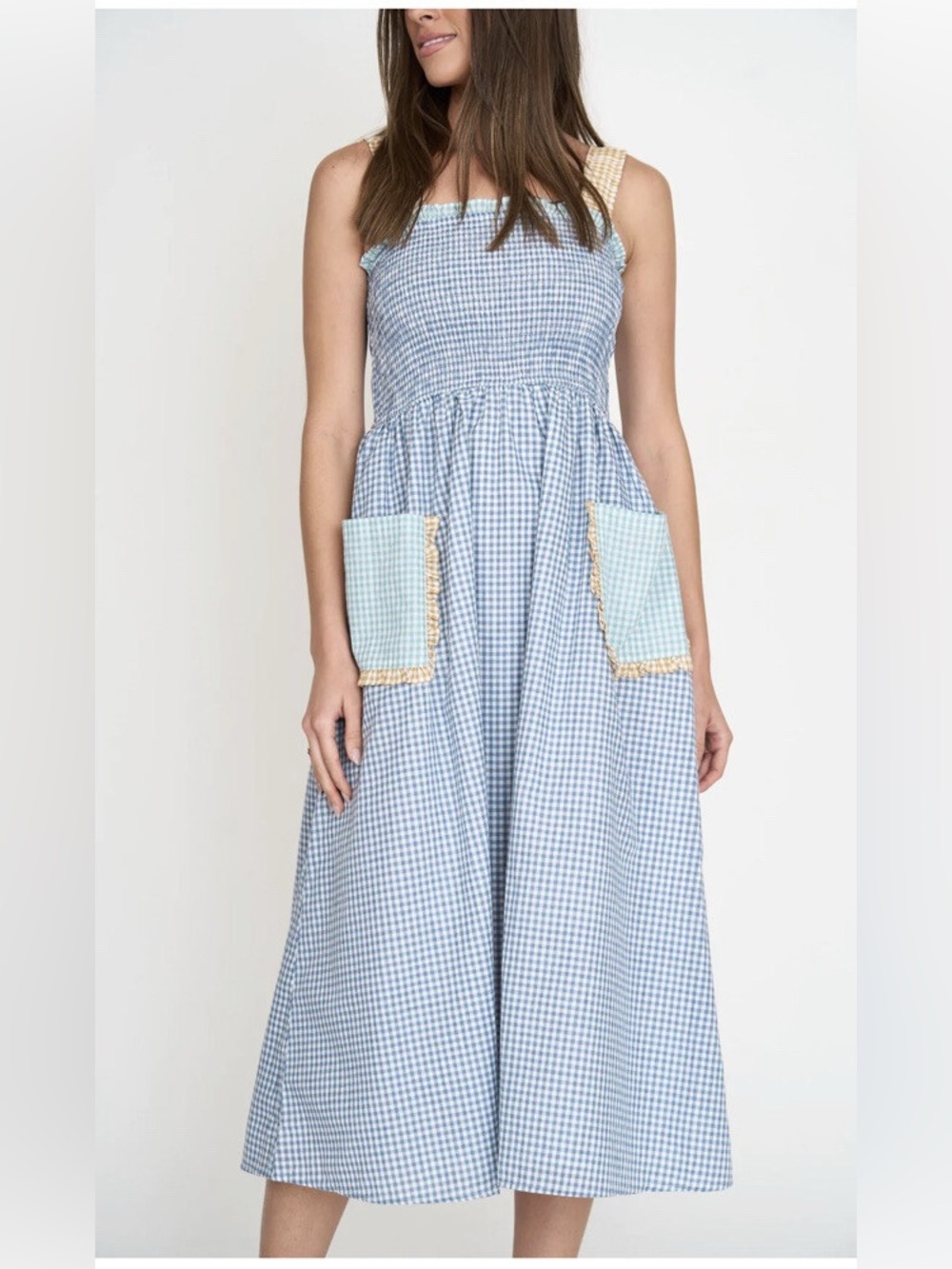 moodie Blue Gingham Maxi Dress with Contrast Pockets
